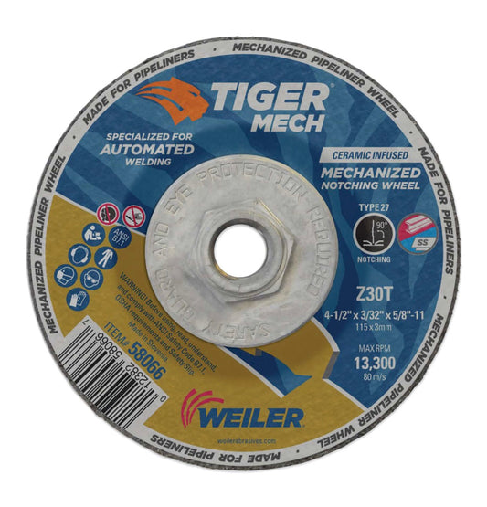 Weiler 4-1/2 in X 3/32 in Tiger Mechanized Pipeliner, Z30T, Type 27, 5/8 in -11 Nut
